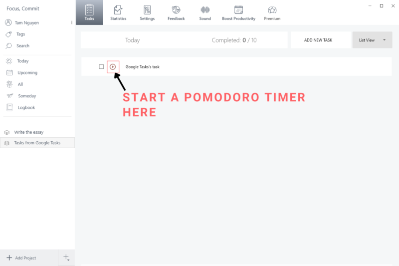 start pomodoro timer with google tasks