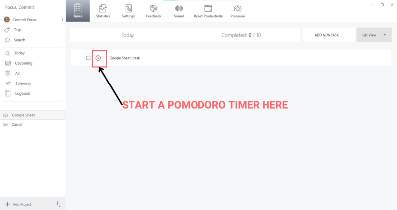 start a pomodoro timer with google sheets