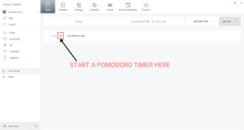 Start pomodoro timer Hub Planner