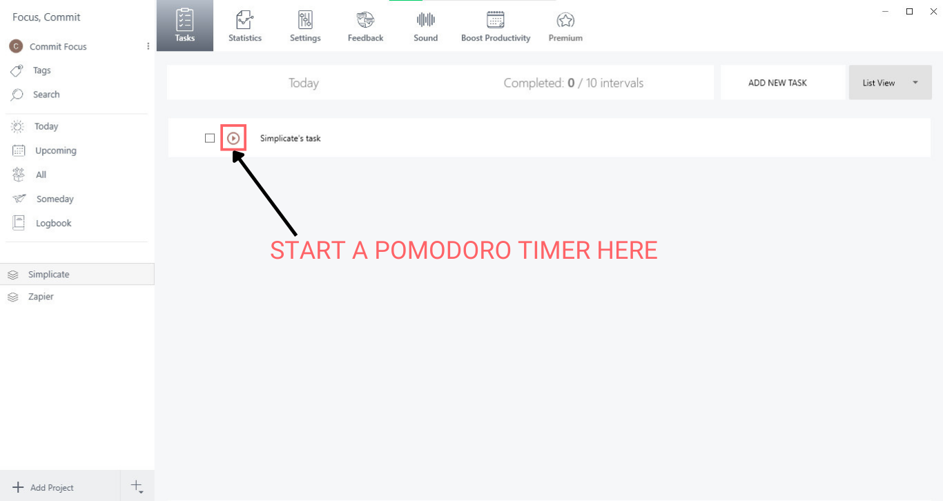 start pomodoro timer SIMPLICATE