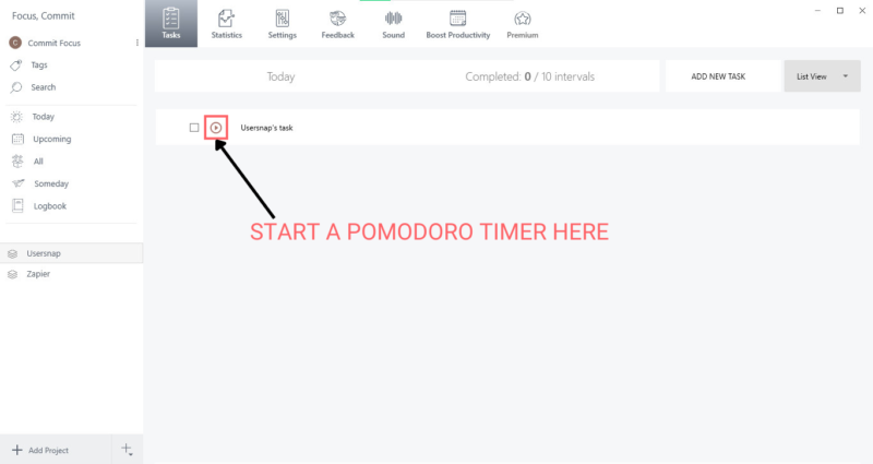 Start pomodoro timer Usersnap