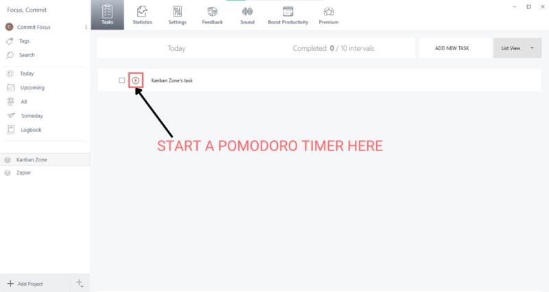 Start pomodoro timer Kanban Zone