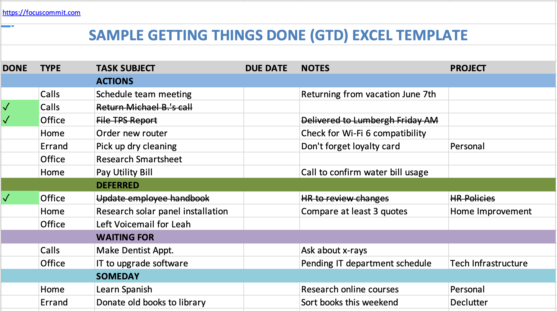 Getting Things Done (GTD) Template for Excel