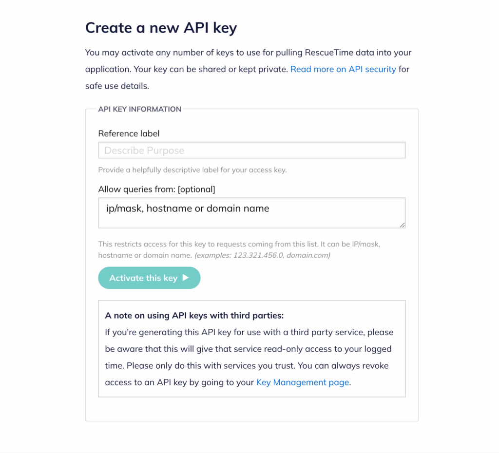 Screenshot of RescueTime's API key generation page to guide users visually